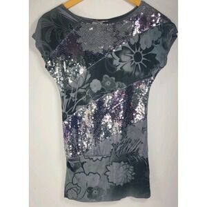 Voice Sequin Floral Top Womans Size Small Gray Short Sleeve Stretch Blouse Y2K